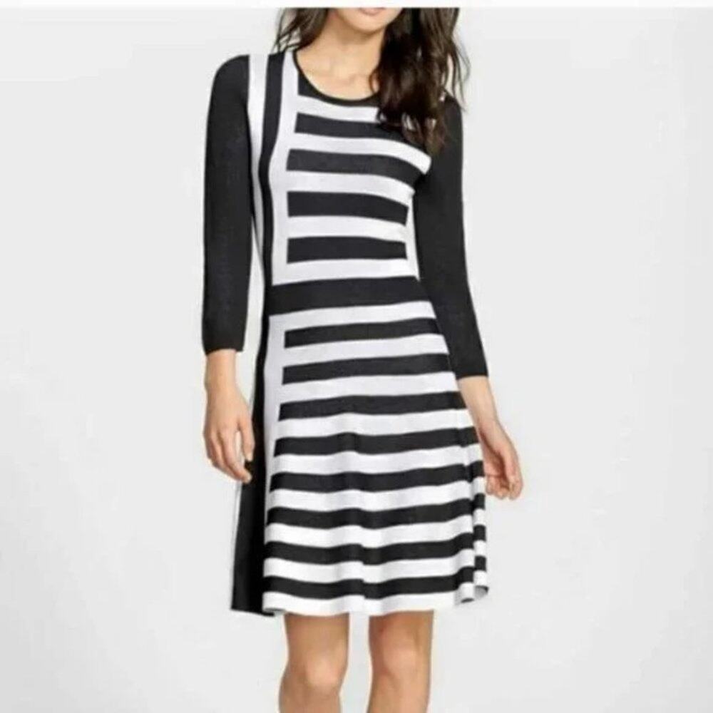 ELIZA J Black White Striped Long Sleeve Knit Fit and Flare Dress PETITE MEDIUM
